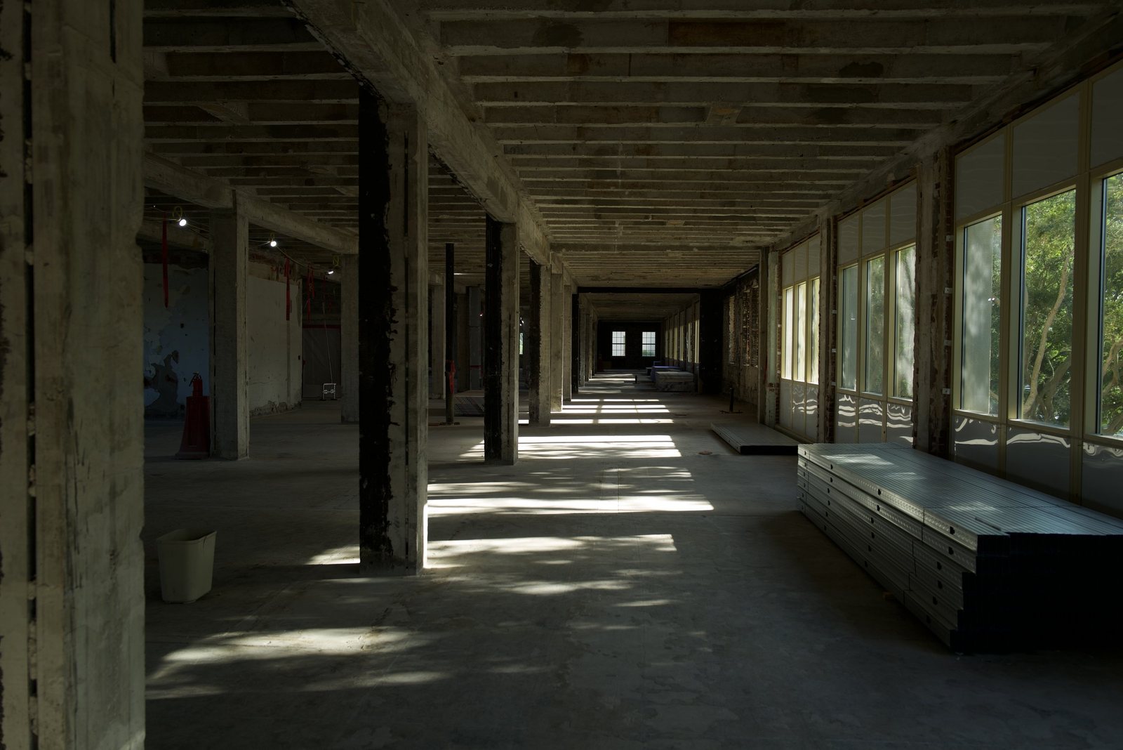 Building 1 — Stripped to Structure During Renovation, Framing Material Staged