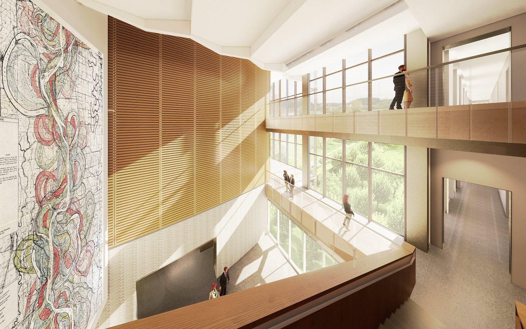 Central Atrium — Wood-Slat Wall & Mississippi River Meander Murals