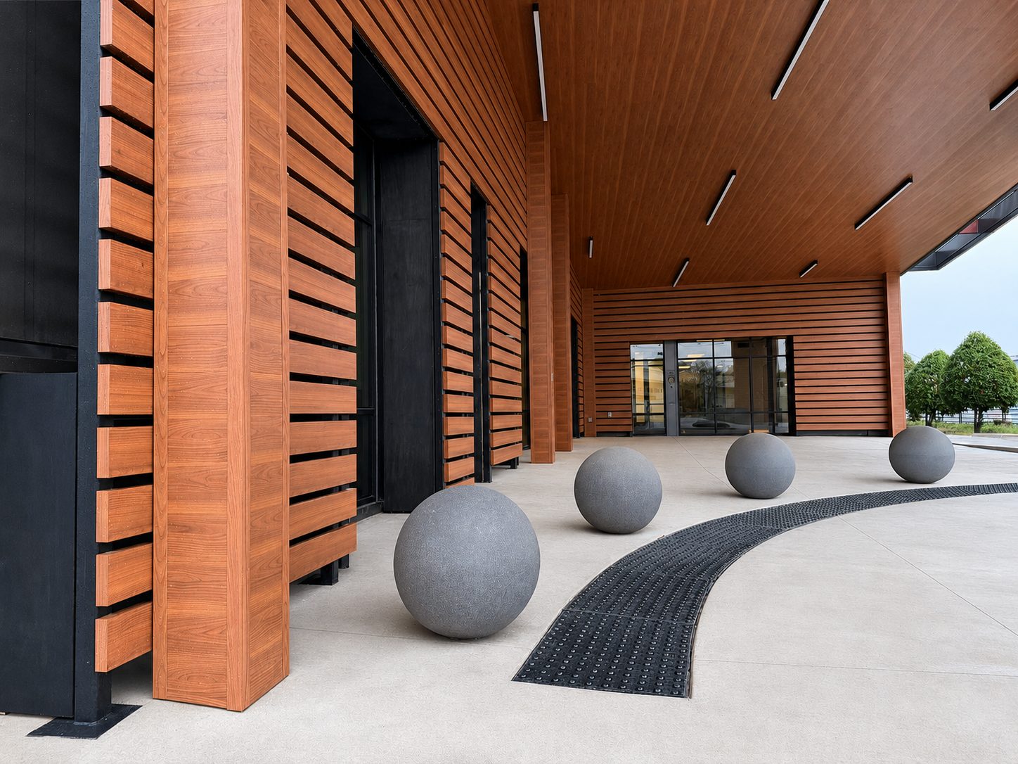 Entry Canopy — Wood Soffit & Tactile Paving